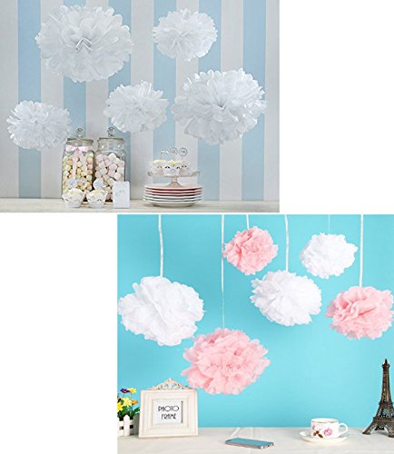 NectaRoy DIY PomPoms Tissue PomPon Papierblume handgefertigt Hochzeit Partei Feier Dekoration für Hochzeit/Gebutztag/Baby Shower/Weihnachten 25cm, 5 Stück Seidenpapier (Weiß) - 7