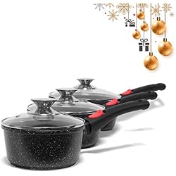Casserole Pierre Casserole en Fonte Casserole Pour Induction Casserole Anti Adhésive Revêtement Façon Pierre sans PFOA Tous Feux, Induction, Cuisson Saine - Manches Amovibles (Set de 3 + couvercles).