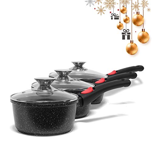 Casserole Pierre Casserole en Fonte Casserole Pour Induction Casserole Anti Adhésive Revêtement Façon Pierre sans PFOA Tous Feux, Induction, Cuisson Saine - Manches Amovibles (Set de 3 + couvercles).