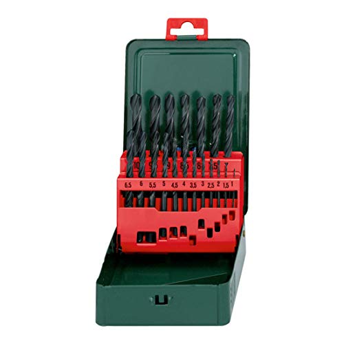 Metabo 627151000 627151000-Estuche metálico de Brocas HSS-R 19 Piezas Afilado de Superficie cónica de 118º diámetros de 1,0 a 10,0 mm x 0,5 mm