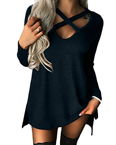 YOINS Robe Femmes Mini Haut Robe Pull Mini Robe Col V Croix Pullover Tunique Longue Robe Femme Mince Ourlet Irrégulier,Noir-1,EU 48 (XXL)