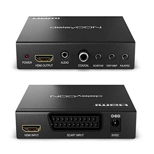 deleyCON SCART zu HDMI Konverter mit Audio Extractor SCART + HDMI Eingang auf HDMI Ausgang Koaxial + 3,5mm Audio Ausgang SCART auf HDMI - 3