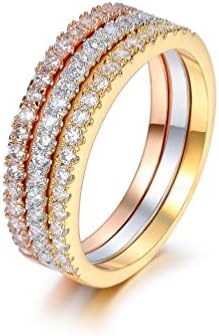 Redfly 18k Rose/Yellow Gold/Platinum Plated CZ Simulated Diamond 3pcs Stackable Eternity Rings Sets Wedding Band, Size M