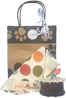 Rawhide Cake with candle & spotted bandana with gift bag. Dog chews, Dog birthday cake, Dog birthday, Dog cake, Dog presents