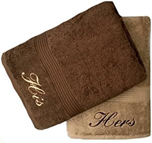 Embroidered His & Hers Natural and Chocolate Brown Hand Towels Pair