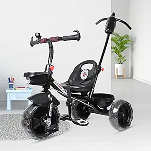 Baby Girls and Baby Boys Tricycle with Parent Handle, Front and Back Basket or Footrest (Black, 1-5 Years)