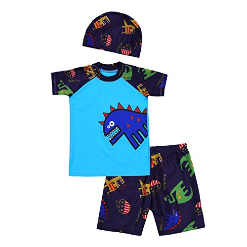 CHICTRY Kids Boys Short Sleeve Rash Guard Dinosaur Beach Swimsuit Swimwear With Swimming Cap Set Blue 5-6 Years