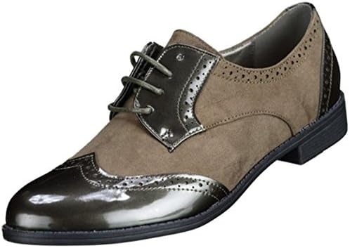 Womens Ladies Faux Patent Leather Suede Lace Up Flat Low Heel Oxford Brogue Smart Office Vintage Shoes - R85 (3, Khaki)