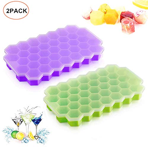Bandejas para cubitos de hielo, 2 unidades de módulos de silicona sin BPA con tapa antiderrames, mejor para congelador, comida para bebé, agua, whisky, cóctel y otras bebidas