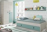 armario infantil madera y blanco Acabado en melamina de alta calidad. Color verde acqua y blanco alpes. El armario tiene las bisagras metálicas y el interior está acabado en blanco. La cama nido dispone de ruedas para poder extraer cómodamente el cajón. Nota: no se incluyen somieres ni colchones.