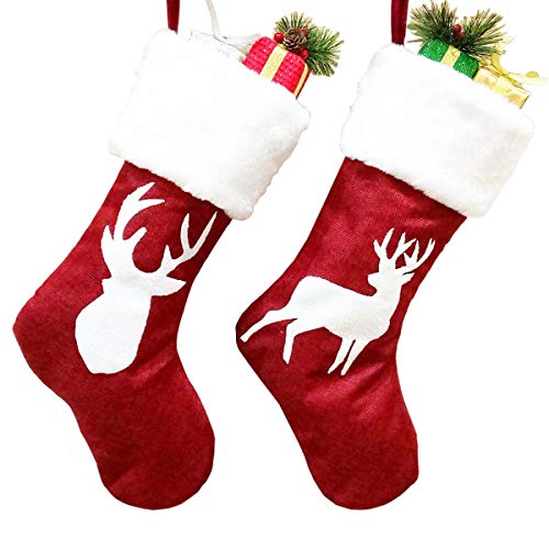 XONOR Christmas Stockings - 2Pcs 18 inches Reindeer Patterns with Plush Cuff Stockings for Family Holiday Xmas Party Decoration