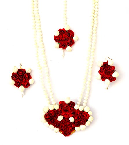 Floret Jewellery Red White Flower Jewellery Necklace With Maang Tika & Earrings For Women & Girls (Mehandi/Haldi/Bride)