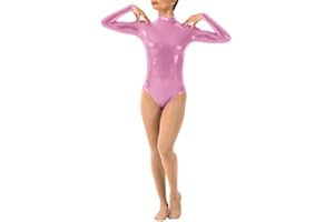 IWEMEK Women Shiny Metallic Long Sleeve Bodysuit Wetlook Spandex Gymnastic Ballet Leotard Top Dancewear Costume Mock Neck Stretch Zipper One Piece Jumpsuit Dance Party Clubwear XS-3XL