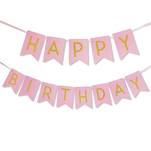 Happy Birthday Banner Papier Pompoms Blumen mit 2,5 Meter Streifen für Geburtstagsfeier Dekorationen (Rosa) - 2