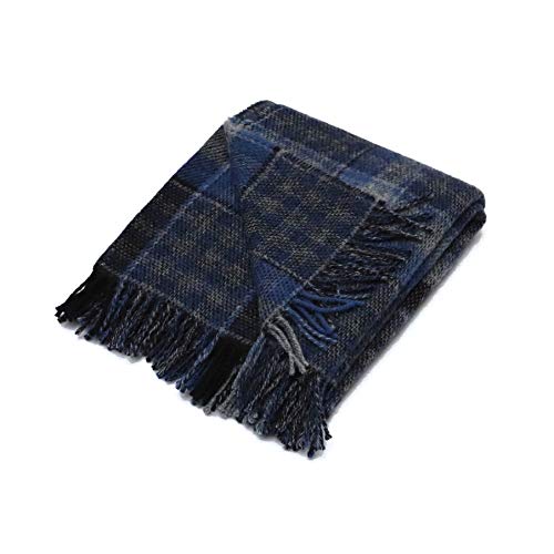 Check Wool Throw Blue Adriano, Made in Europe, With Fringes Check Wool Throw Blue Adriano, Made in Europe, With Fringes