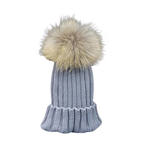 DDLBiz Infant Baby Kids Chidren Girls Boys Fashion Cute Lovely Warm Winter Winter Raccoon Fur Hats Knitted Wool Gunuine Fur Pompom Beanies Hat (Gray)