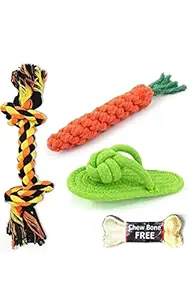 Toys for Puppies Chewable Rope Teething Playing Toys Interactive Toys Two Knot Rope Toys Chew Rope Sleeper Toys Carrot Rope Toys Aggressive Puppies Toys 4 in 1 Combo Pack Toys (One Chew Bone Free)