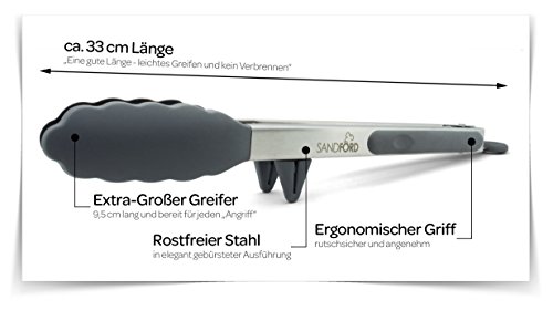 Die schlauere Küchen- und Grillzange! Premium Sandford Küchenzange mit integriertem Standfuß I Hygienisch-sauberes Ablegen beim Kochen, Grillen, Backen und Servieren | Aus Edelstahl mit Silikon in bester LFGB Qualität | lebensmittelsicher & schadstofffrei I Die ideale universal Mehrzweck Zange für Fleisch, Salat, Spaghetti, Wurst, Aufback-Brötchen und vieles mehr… - 4
