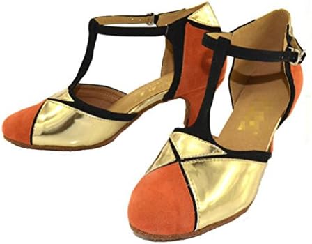Womens Closed Toe High Heel Pu Leather Glitter Salsa Tango Ballroom Latin T-Strap Dance Shoes Orange Gold . B . 40