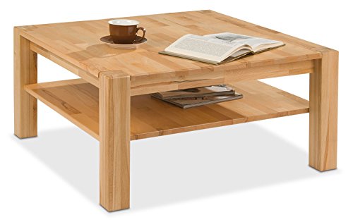 Home4You Couchtisch Sofatisch Wohnzimmertisch TOBY 2 | Quadratisch 90x90 cm | Braun | Kernbuche massiv lackiert | mit Ablagefläche
