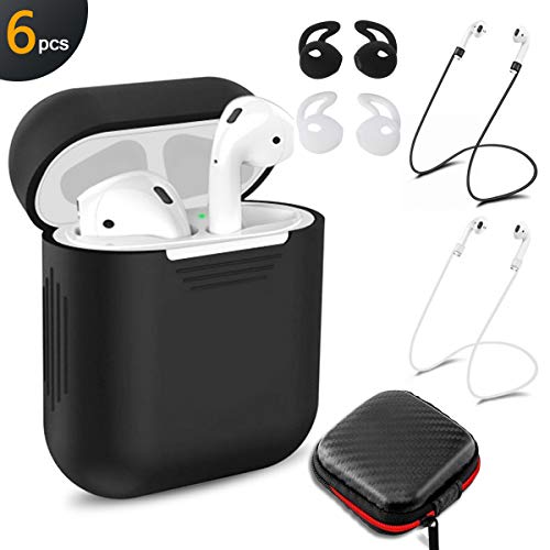 Wonepo AirPods Case Protective,Funda Airpods,Funda Protectora Para Airpods Con Cubierta Protectora de Silicona Airpods, 2 Pares de Ganchos Para la Oreja Seguros, 2 Correas Anti-Perdidas y 1 Exquisita y Duradera Caja Receptora de Auriculares (Negro)
