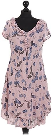Street Fashion UK Womens Ladies Cherry Print V Neckline Ruffle Frilled Two Layered Hem Midi Dress (Nude)