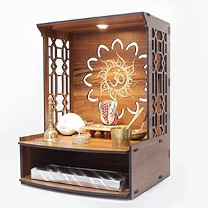 Heartily Mangal Beautiful Wooden Pooja Stand for Home/Mandir for Home/Temple for Home and Office/Puja Mandir for Home and Office Wall with LED Spot Light/Product (H- 15.5, L- 11.5, W-11 Inch)