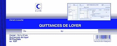 ELVE Carnet à souche QUITTANCES DE LOYER 105 x 270 mm 50 Feuillets