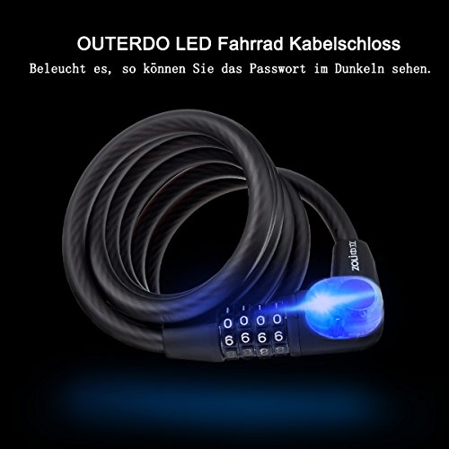 OUTERDO LED Licht Selbst Coiling MTB Fahrradschloss Kableschloss 4 Steillige + Schlüssel + LED Licht, Doppelter Schutz Anti Diebstahl Schloss 1.8M Schwarz - 5