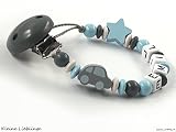 Schnullerkette mit Namen für Jungen 3 - 9 Buchstaben Auto Stern - dunkelgrau, grau, pastellblau, weiß - tolles Geschenk zur Taufe oder Geburt