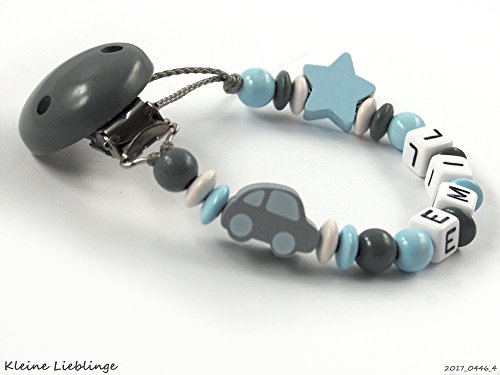 Schnullerkette mit Namen für Jungen 3 - 9 Buchstaben Auto Stern - dunkelgrau, grau, pastellblau, weiß - tolles Geschenk zur Taufe oder Geburt