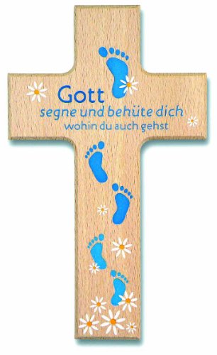jakopabra °° Kinderkreuz Holzkreuz Gott segne und behüte dich Füße blau