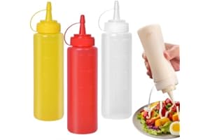 Cozlly Bottiglia per Squeeze con Tappi, 3pcs Bottiglie di Plastica Squeeze, 250ml Cucina Flacone Dosatore, per Ketchup, Senape, Mayo, Salse Piccanti, Olio d'Oliva (Rosso + Bianco + Giallo)