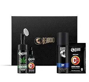 Beardo Face Care with Perfume and Gift Box (SPY Perfume,Vit Face Serum,Vit Sheet Mask,Hemp Face Scrub)