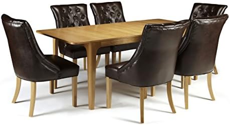 Wandsworth Extendable Oak Rectangular Self-Stroing Leaf Table &amp; 6 Hampton Brown Bonded Leather Chairs with Oak Legs - Dining Room Sets Ideal for Modern Kitchens &amp; Dining Rooms