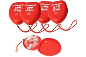 Primacare RS-6845-5 Pack of 5 Single Valve CPR Rescue Mask in Red Hard Case, Adult/Child Pocket Resuscitator with Elastic Strap, Air Cushioned Edges, 6.5x4.8x1.6 inches