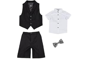 DAIHAN Baby Boys Gentleman Summer Suits Short-Sleeved Wear Shorts Vest Waistcoat Suits with Bow Tie Page Boy Outfit Solid Color Tuxedo Outfit Infant Formal Dress Suit Top & Bottom