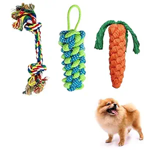 PSK PET MART Cotton Made 2 Knotted Carrot Rope Toys | 1 Handle Rope Cotton Ball Toys for Dogs & Puppies (Combo of 3)
