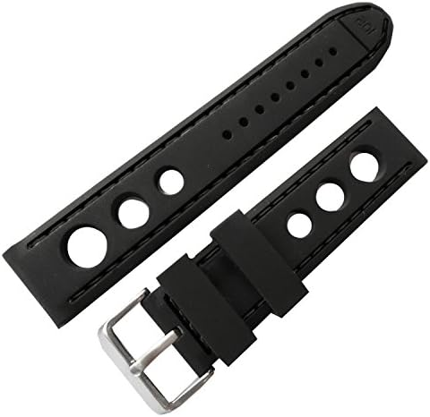 Mens Perforated Black Silicone Rubber Watch Strap Band Stitching 20mm 22mm 24mm