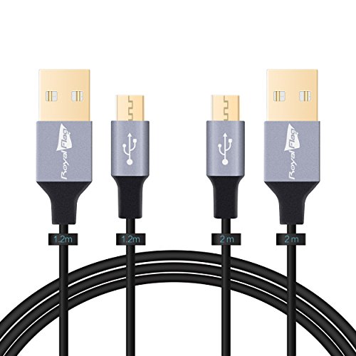 Royal Flag Micro USB Kabel 2 Stk. 2m*1 + 1.2m*1 Ladekabel mit vergoldeten Steckern Passend für alle Android-Smartphones (Samsung, HTC, LG, Sony ), Tablets, E-Books sowie andere Geräte, Schwarz