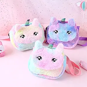 Neel Unicorn Fur Sling Bag for Girls Cross Body Shoulder Messenger Travel Bag for Girls Zipper Closer Handbag Soft Cute Unicorn Fur Sling Bag with Long Strip Multicolor Pack of 1 (CY-008)