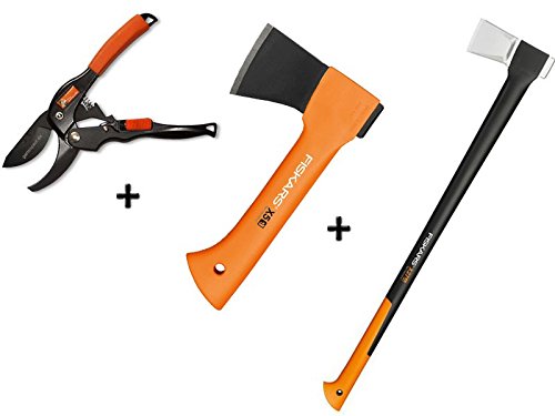 Preisvergleich Produktbild Gartenpaul Set: FISKARS Spaltaxt X27 - XXL + FISKARS Universalaxt X5 - XXS + GARTENPAUL Gartenschere Amboss R1