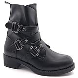  Angkorly - Zapatillas Moda Botines Biker Motociclistas Botas Militares Mujer Hebilla Multi-Correa Tacón Ancho Alto 4 CM Ligeramente Forrada de Piel - Negro HQ1588 T 40