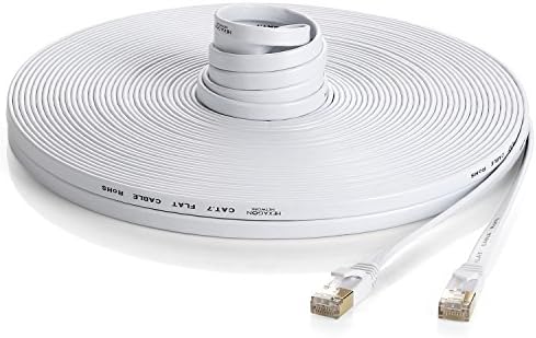 Hexagon Network - Ethernet Cable Cat7 Flat 100ft White, Shielded (STP) Network Cable Cat 7 Flat Slim Ethernet Patch Cable, Internet Cable With Snagless RJ45 Connectors - 100 Feet White