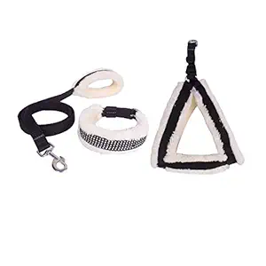 Wildrace Soft Fur and Nylon Black and White Dog Collar, Harness and Leash Combo Pack for Medium Breed Dogs