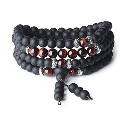 COAI Bracciale Collana 108 Perle Mala in Onice Opaca e Occhio di Tigre Rosso, Bracciale Tibetano da Preghiera in Pietre semi-preziose