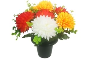 MR. BARRY'S HANDMADE 25cm Grave Flower Pots | Artificial Flowers For Graves | Cemetery & Floral Decorations | Grave Flowers | New Improved Design & Quality (CHRYSANTHEMUMS AND EUCALYPTUS IVORY/ ORANGE / RED)