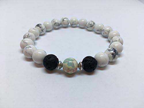 White Howlite,Baby Blue Regalite and Lava Stone Bead Bracelet. Great as an essential oils diffuser