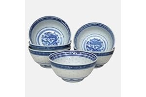 GOT-BONSAI - GIFTWARE Set of 6 medium Oriental Chinese Porcelain Decorated Blue and White Rice Bowls MA