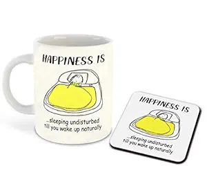 DecorVecor - Happiness is Sleeping Undisturbed Till You Wake Up Naturally Printed White Inner Colour Ceramic Coffee Mug with Coaster | Drink | Milk Cup - Best Gift | Happiness, (Design 7)